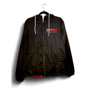 Thrasher Magazine Hooded Windbreaker Jacket Mens Size L Black Red Full Zip Skate